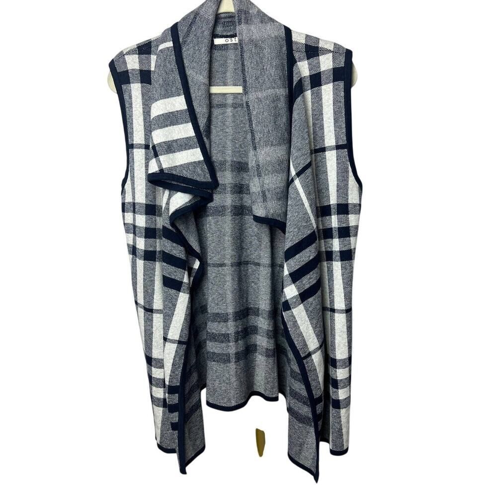 OST Navy Plaid Cotton Cashmere Long Open Sweater NWT Sz. L